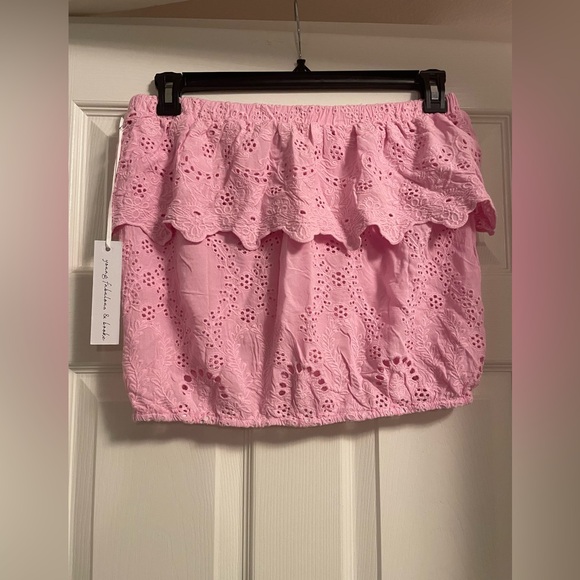 Young Fabulous & Broke Pink Eyelet Strapless Ruffle Top-Sz L - Picture 4 of 8